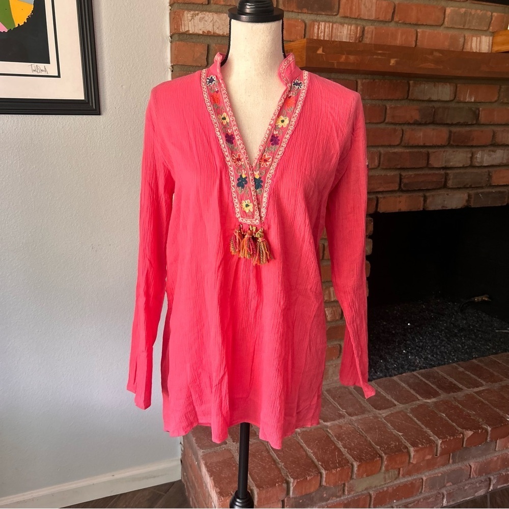 Double D Ranch Embroidered Floral Tunic Top “Play Nice Be Free” in Pink Sz XS
